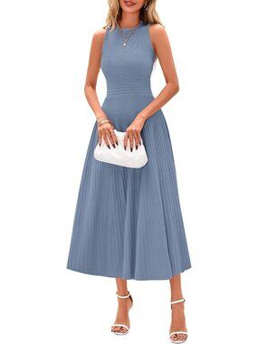 Women's Dress Midi Blue Grey Crew Neck Short Sleeveless A Line Casual Summer